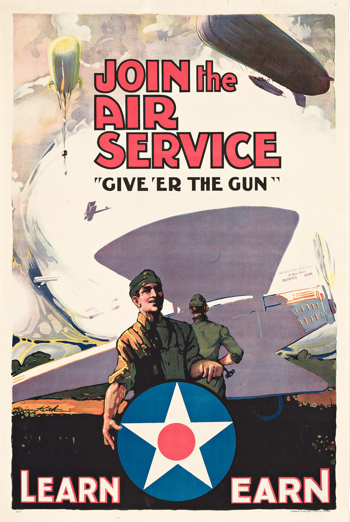 WARREN KEITH (DATES UNKNOWN).  JOIN THE AIR SERVICE / GIVE ER THE GUN. Circa 1918. 30x20 inches, 76¼x50¾ cm. Edwards & Deutsch Litho